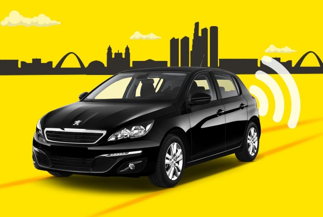 Black car with GPS signal against a city skyline — TracGlobal brand artwork